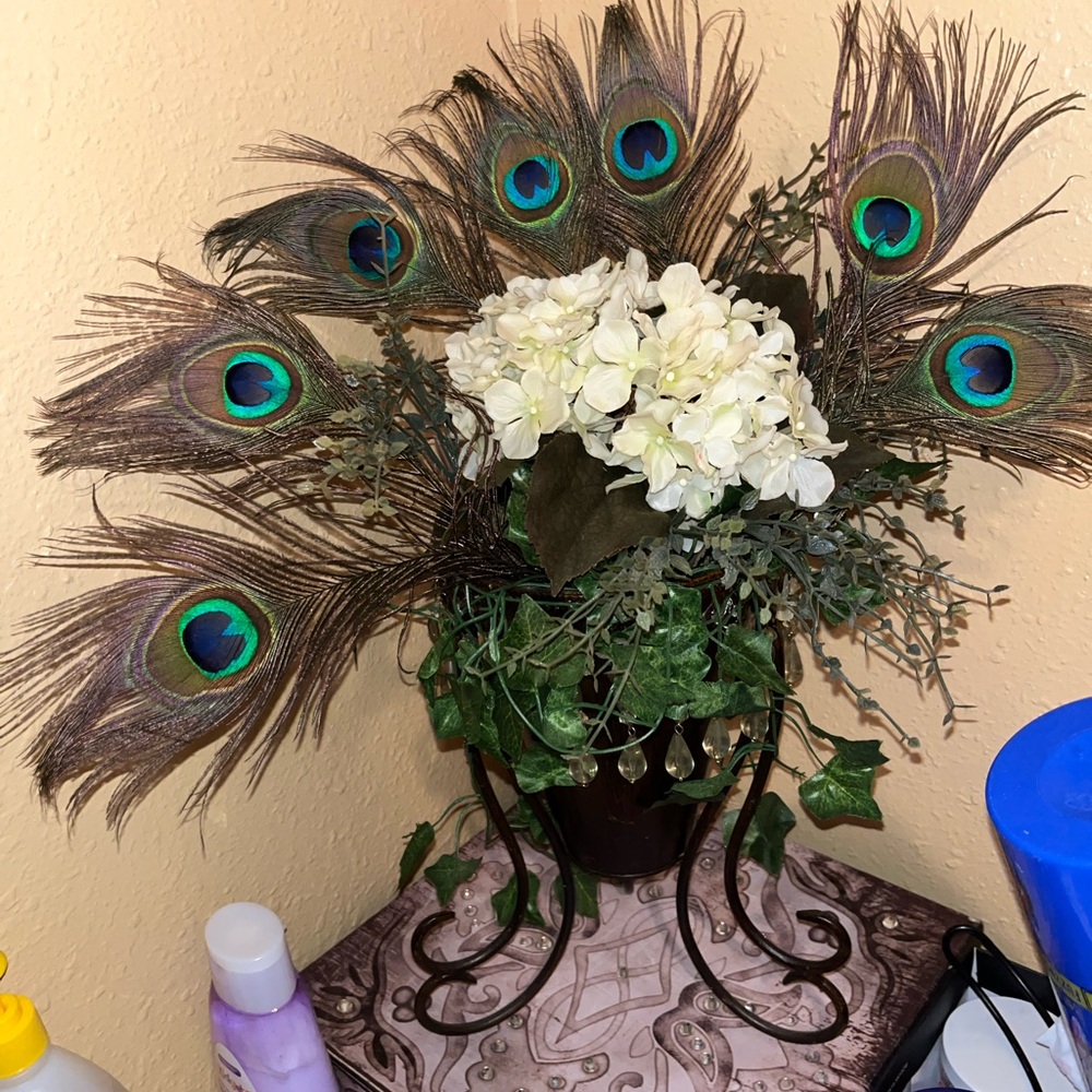 Peacock Feather and Hydrangea Faux Floral Arrangement